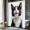 Cute Black And White Cat Shower Curtain Cat Licking Lips Happy Expression Pet Lover Decor Waterproof Fabric Bath Curtain Set