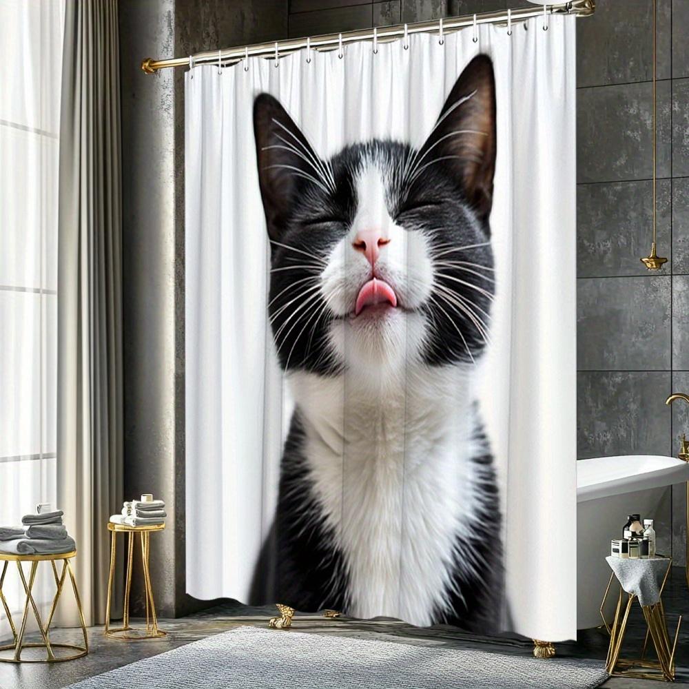 Cute Black And White Cat Shower Curtain Cat Licking Lips Happy Expression Pet Lover Decor Waterproof Fabric Bath Curtain Set