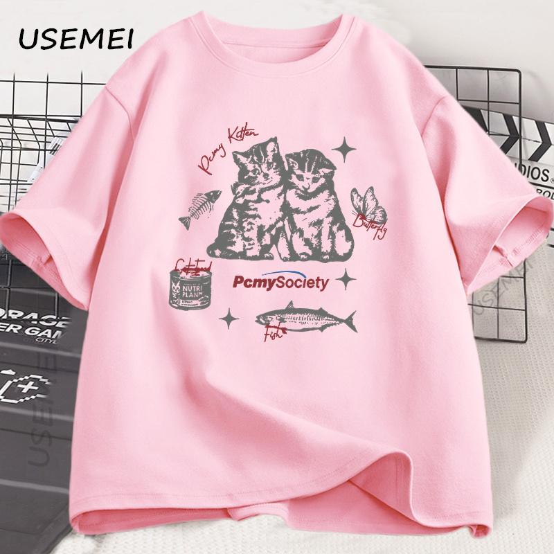 Funny Vintage Cat Fish Graphic T Shirt Harajuku Cotton Short Sleeve Loose Tshirt Summer Unisex Unisex High Quality O Neck Clothes