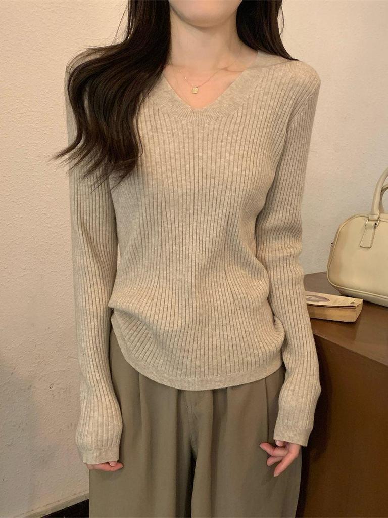 Women's French V-Neck Slimming Ribbed Knitwear Top - Autumn/Winter