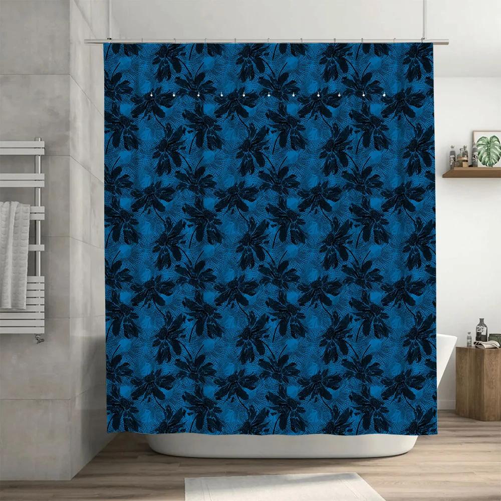 Luxury Blue Bath Shower Curtain with Waterproof Polyester Fabric, Dark Leaves Pattern, Suitable for Bathroom Decor Modern Floral