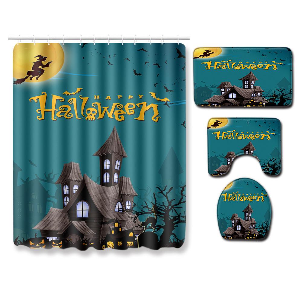 Halloween Shower Curtain Floor Mat Combination Four-Piece Set Bathroom Toilet Carpet Shower Room Foot Mat