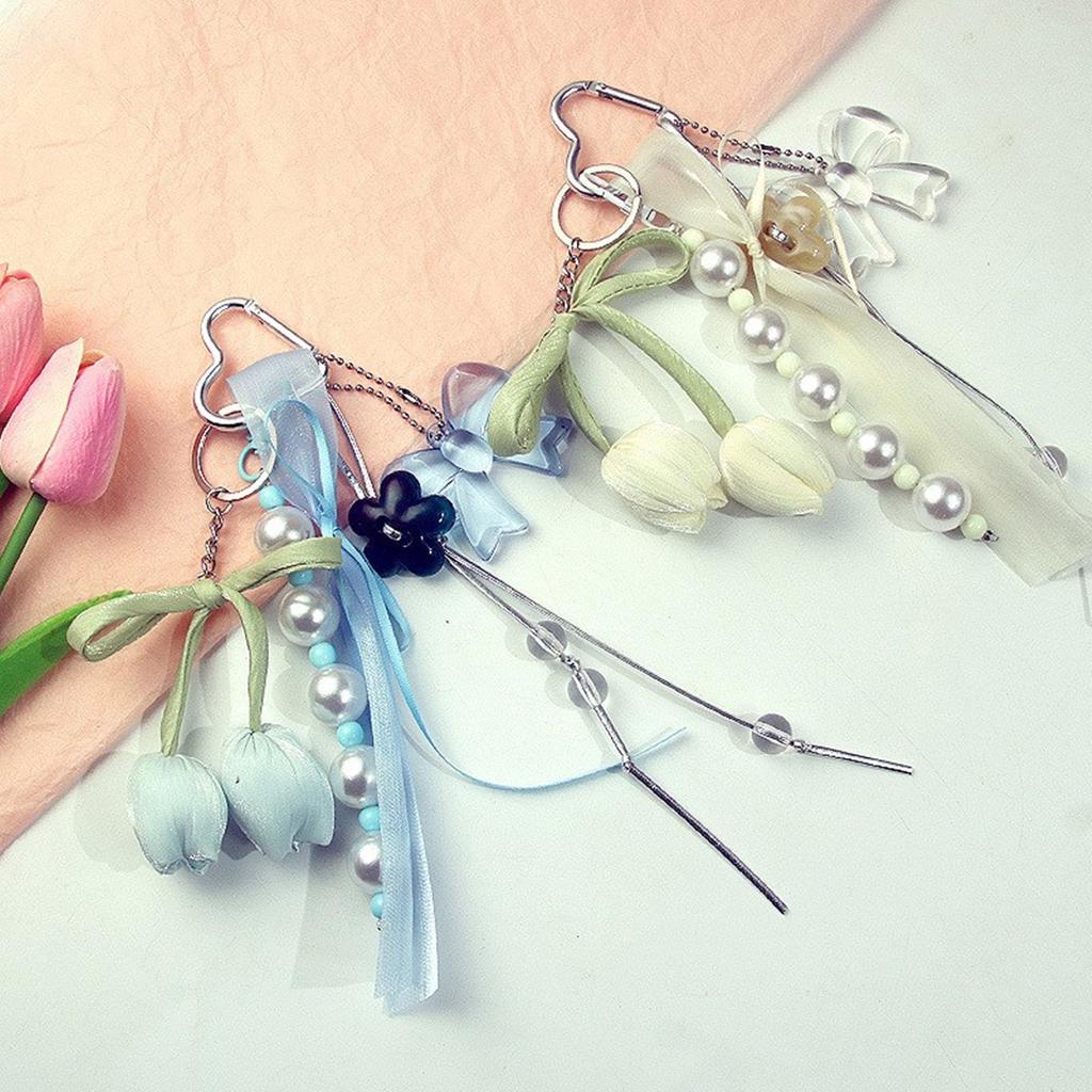 Flower Bowknot Keyring with Soft Ribbon Portable Bag Pendant Elegant Key Holder Acrylic Texture Present for Women Girl