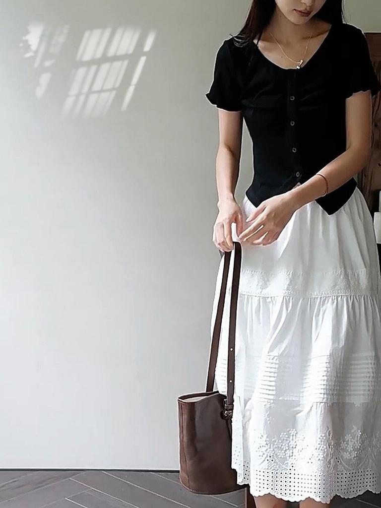 French White Embroidered Lace Mid-Length Umbrella Skirt for Women