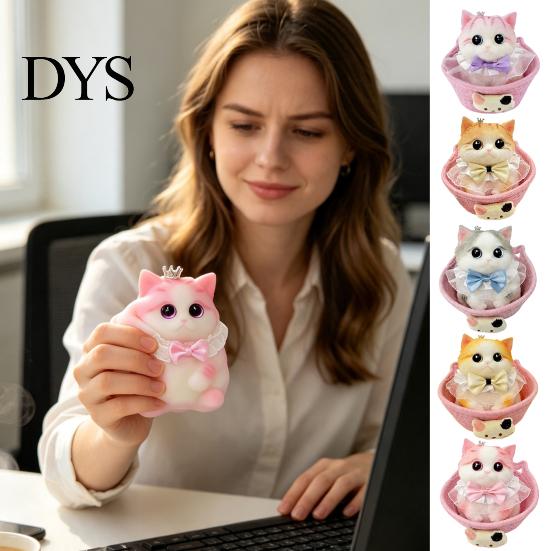 Cat Stress Relief Toy with Basket & Accessories, Slow Rebound Simulated Kitten Fake Squeeze Toy, Soft Stretchy Animal Fidget for Desk Decoration Toys