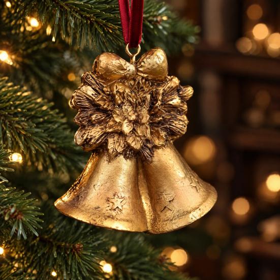 Resin Holiday Decoration Retro Golden Christmas Tree Ornament, Bell Wreath Horse Stocking Window Classic Ornaments Locomotive Pinecone Hanging Decor,
