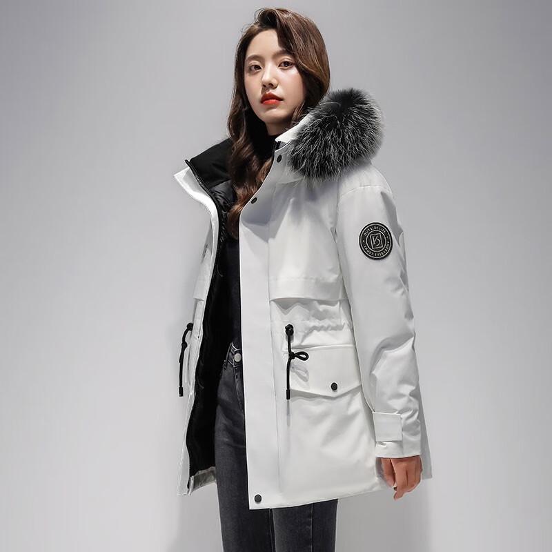 Yiliteng Women's Mid-Length Hooded Down Jacket with Raccoon Fur Trim