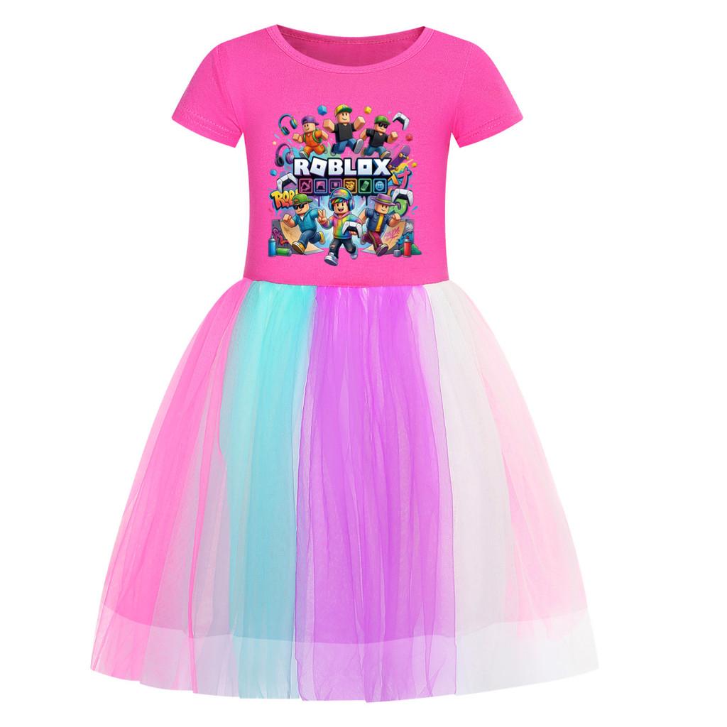 

5573 Kids Girls Roblox Printed Mesh Rainbow Cotton Dress 150cm