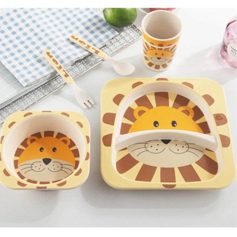 5 Pcs/Set Baby Dish Tableware Set Natural Bamboo Fiber Bowl with Cup Spoon Plate Fork Feeding Dishes
