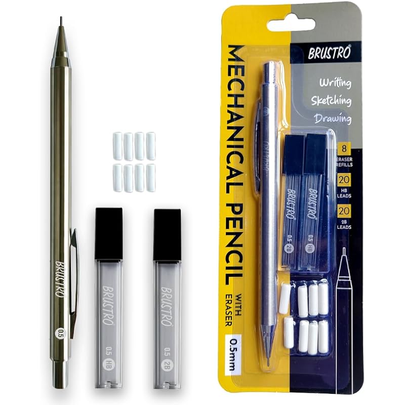 BRUSTRO Mechanical Pencil Set | HB-20 Leads, 2B-20 Leads, Spare Eraser- 8 units|Tip Size- 0.5 Mm |Ideal for Students,Adu