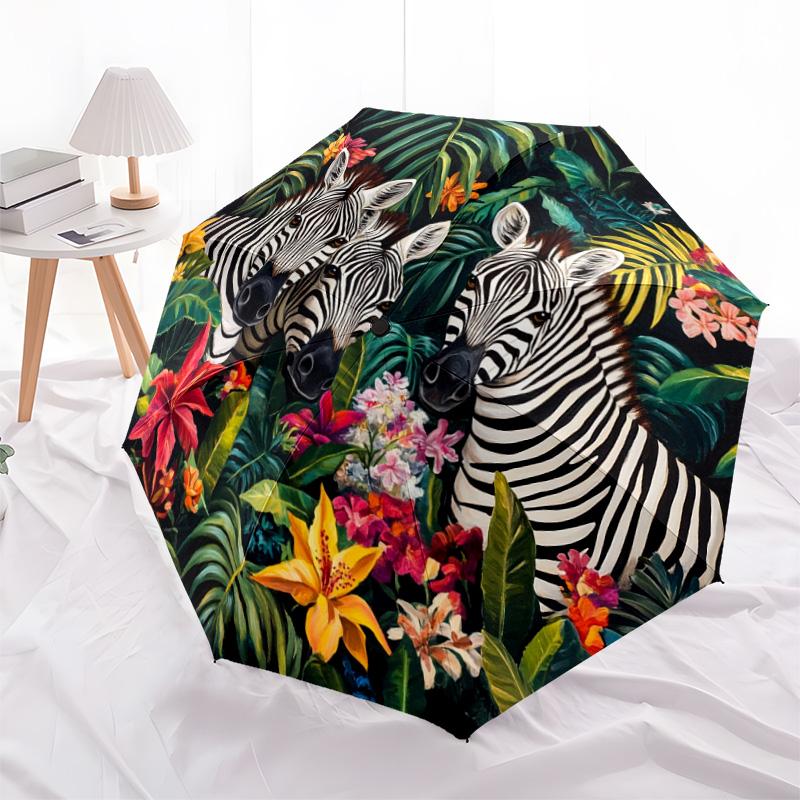 1 PC Automatic Folding Umbrella - Zebras In Tropical Flowers Pattern, Portable & Foldable Design with 8 Ribs, Christmas Birthday Gifts