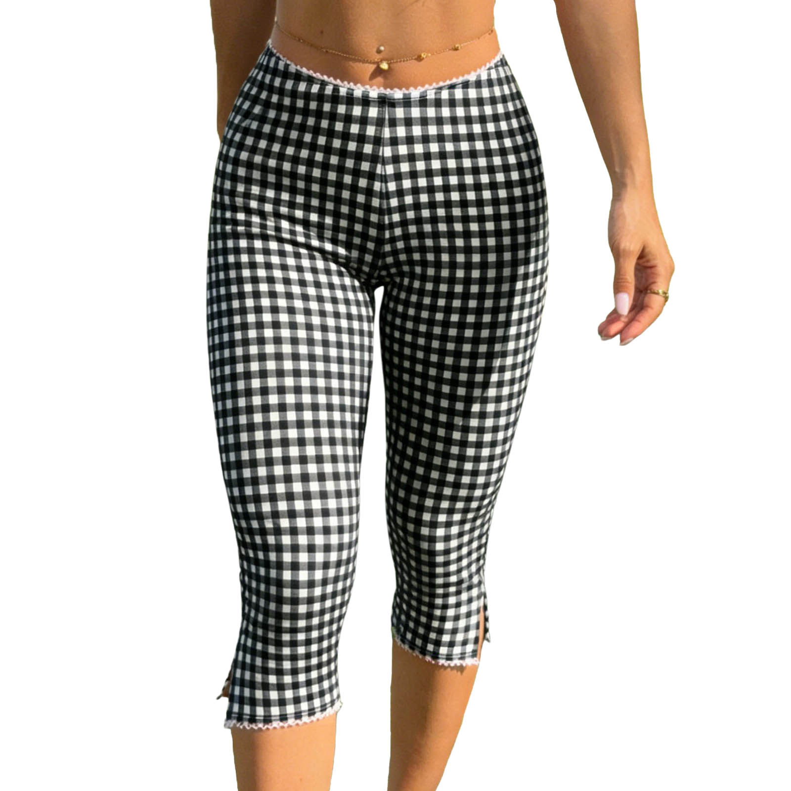 

Женские модные повседневные брюки семь восьмых (7/10) в клетку с оборками и разрезом XXL чёрный