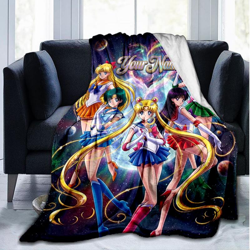 Custom Name Sailor Moon Flannel Fleece Blanket Cozy Warm Throw Blanket For Couch Bed Travel All Season Use