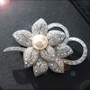 Silver Tone Double Flower Brooch Pin with Big Beads & Rhinestones, Women's Elegant Chest Decorative Button for Jacket Coat Suit