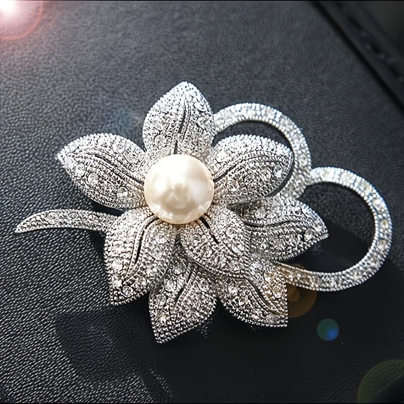 Silver Tone Double Flower Brooch Pin with Big Beads & Rhinestones, Women's Elegant Chest Decorative Button for Jacket Coat Suit