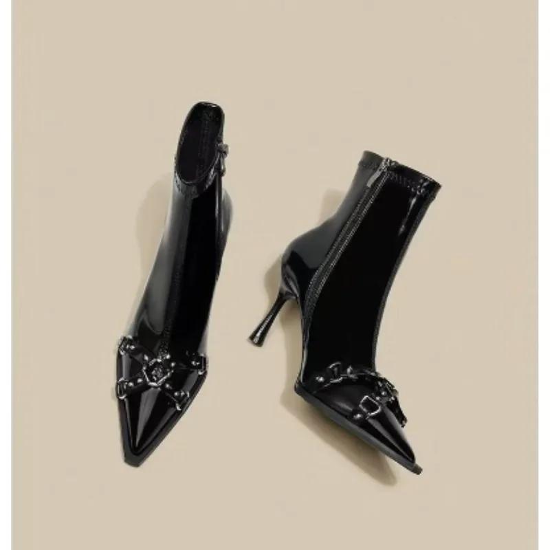 2026 New Woman Ankle Boot Pointed Toe High-heel Metal Stiletto Heels Leather Fashion Side Zipper Elegant Short Boot Women Shoes