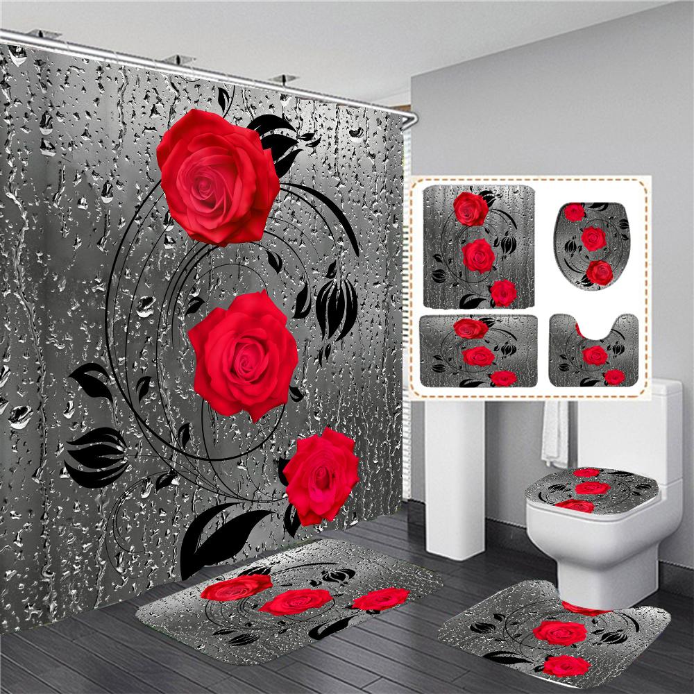 3D Flower Shower Curtain Set Bath Mats Rugs Sunflower Bathroom Sets Bathtub Curtains With Hooks Non-Slip Carpet Toilet Lid Cover