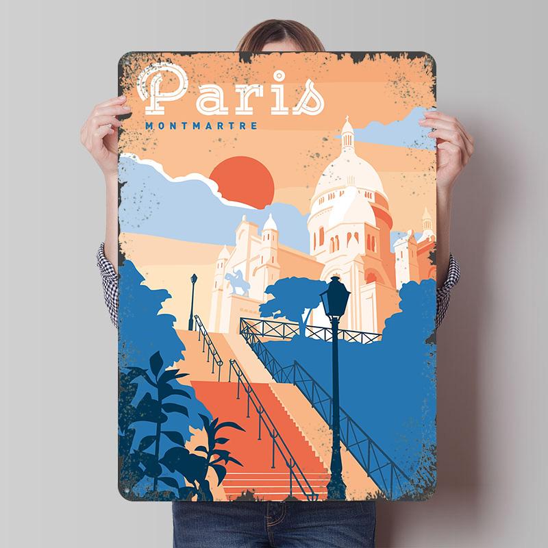 

Paris Montmartre Travel Printed Poster Customized Wall Art Retro Vintage Metal Tin Signs for Gaming Room Decoration Cozy Decor 7.9x11.8In(20x30cm)