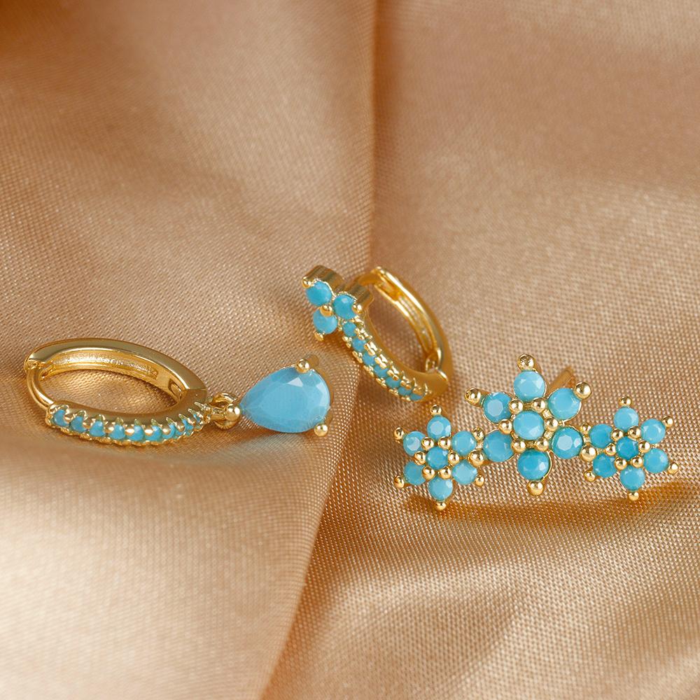 Vintage Blue Turquoise Water Drop Hoop Earring Set For Women Geometric Stainless Steel Flower Piercing Earring Christmas Jewelry