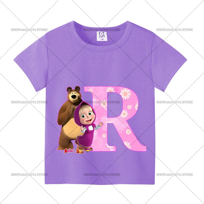 Mashas and The Bear Summer T-shirt Girl Children Tops Cute Cartoon Letters A-Z Print Clothing Short Sleeve Kids Casual Clothes