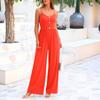 Women Sleeveless Wide Leg Jumpsuit Adjustable Spaghetti Strap Button Front Casual Loose Fit Long Romper for Daily Wear