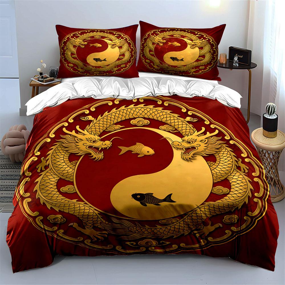 Golden Dragon Yin Yang Set Soft Comfortable Duvet Cover Bedding Set Included 1*Duvet Cover & 2*Pillowcases, Gift