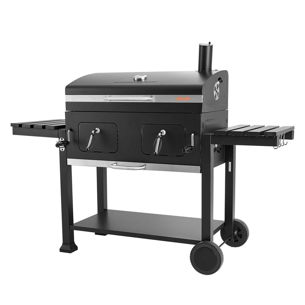 Charcoal Grill, 0.5 m² Large Charcoal Barbecue Grill with 2 Liftable Charcoal Trays & Folding Side Tables, High-Temp Powder-Coated Steel BBQ Cooking