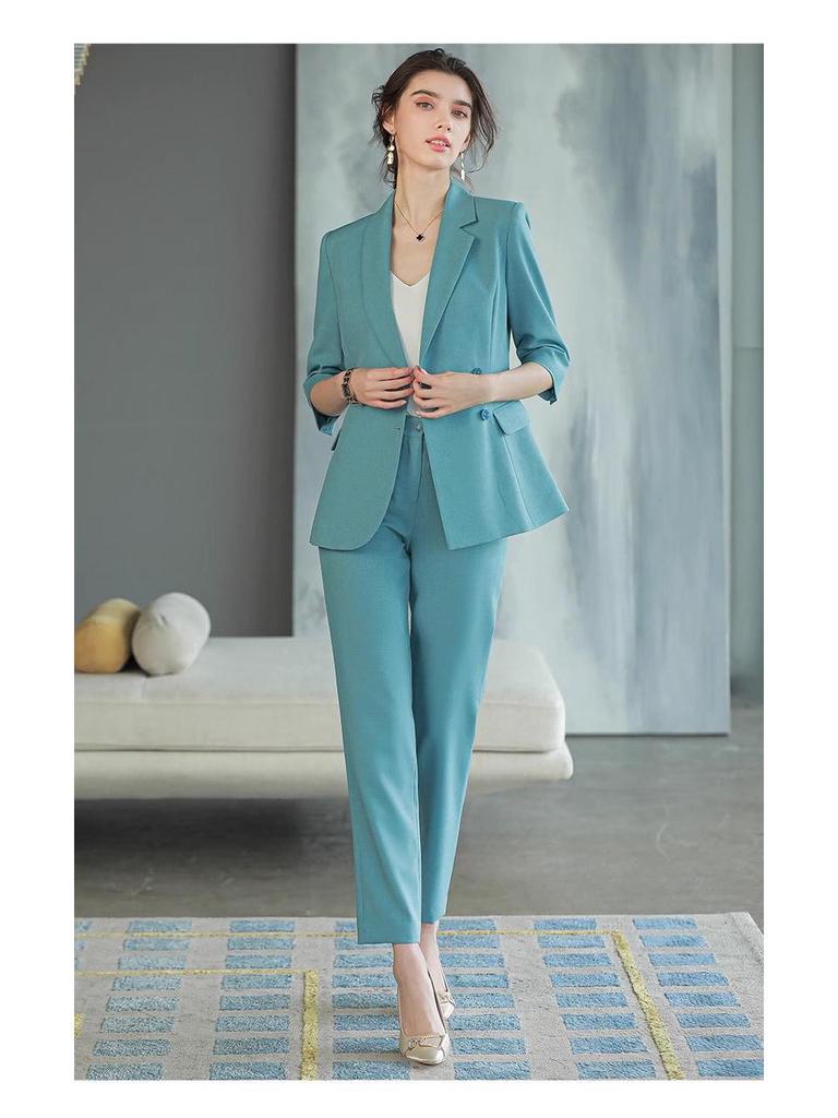 Siebenärmiger Meerblauer Damen Hosenanzug - Temperamentvoller Göttinnen-Stil Zweireihige Arbeitskleidung