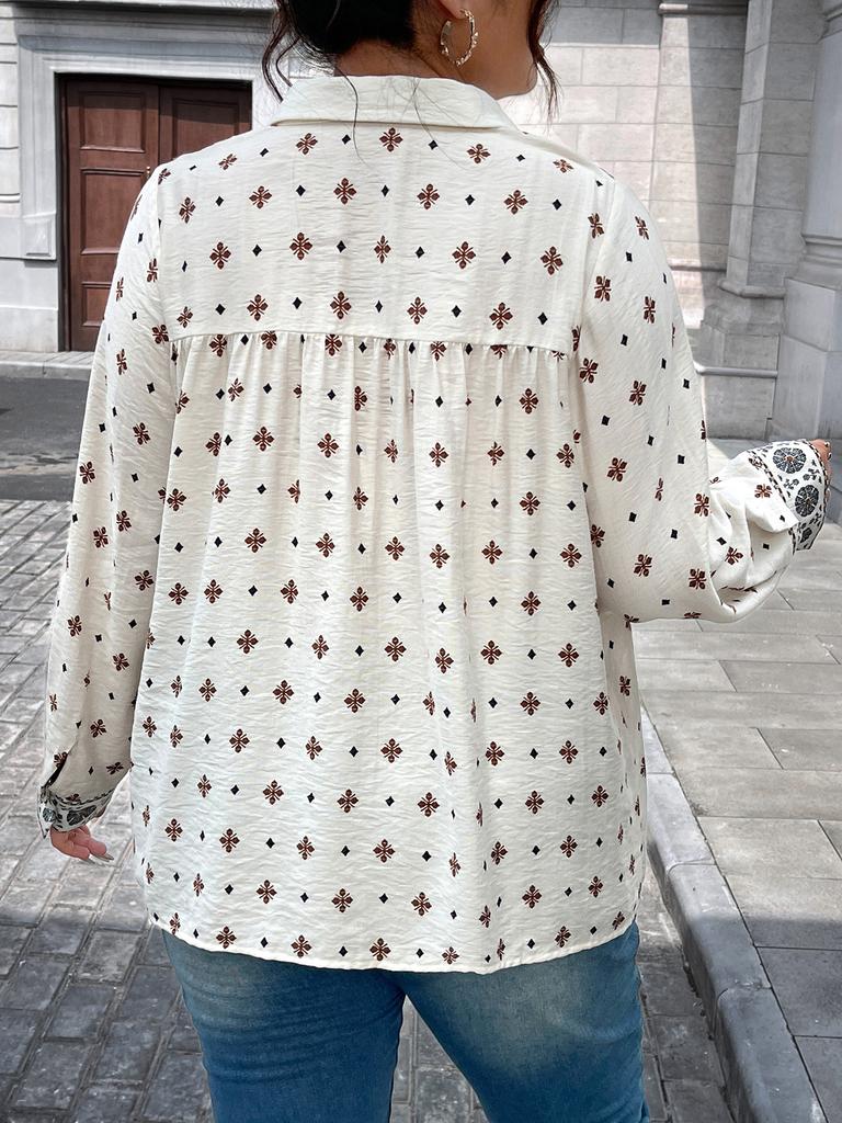 Europe and the United States new women's shirt top Amazon apricot printing hollow design polo collar fashion casual top