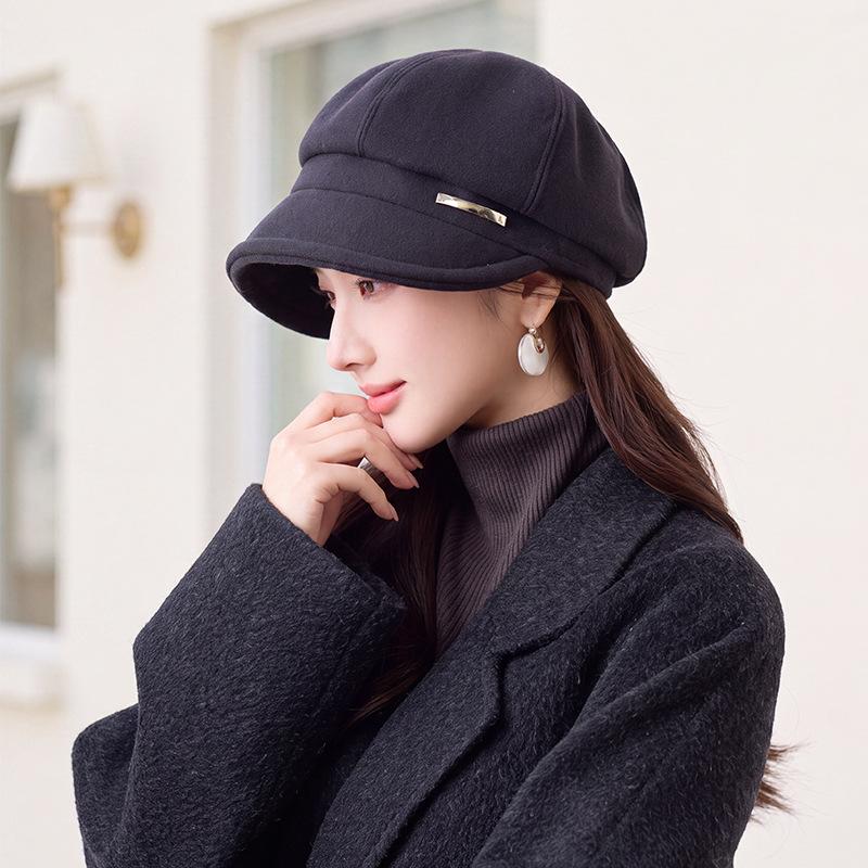 Retro Solid Color Octagonal Hat Autumn and Winter Big Eaves Show the Face Small Peaked Hat Simple Warm Woolen Hat Women's