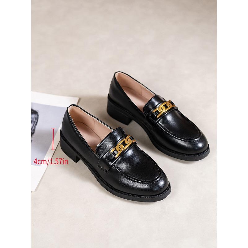 Vintage chain low-top shoes 2025 autumn new plus-size British style mid-heel small leather shoe women