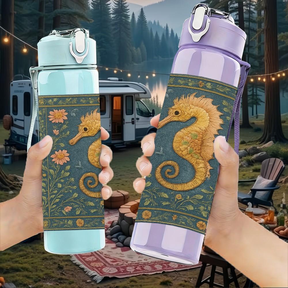 1PC Seahorse Vintage Ocean Pattern Print 750ml Color Plastic Sports Water Bottle Leakproof Flip Straw Lid Suitable for Sports Office Home Use