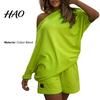 One-shoulder 2 Pcs/Set Women Tracksuit Solid Color Short Pants Leisure Summer Top Set for Daily Wear