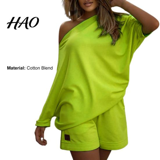 One-shoulder 2 Pcs/Set Women Tracksuit Solid Color Short Pants Leisure Summer Top Set for Daily Wear