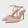 Sandalias de Mula con Tacón Decoración de Cuentas de Hilo Bling de Malla para Mujer Punta Fina Sexy Correa al Tobillo Tacones Altos Zapato Elegante para Fiesta
