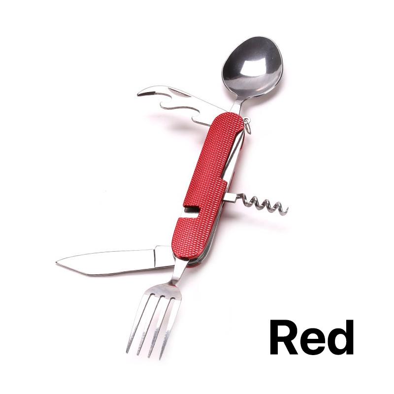 

6 в 1 Многофункциональная походная посуда Столовые приборы Многоразовая портативная посуда из нержавеющей стали Складная вилка Нож Ложка Штопор Открывалка для бутылок красный