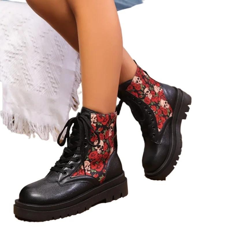 

Fashion Platform Modern Boots Shoes Female 2024 Ankle Women s Boots Women Mixed Colors Lace-up Round Toe Med Heel Plus Size Shoes Women 43