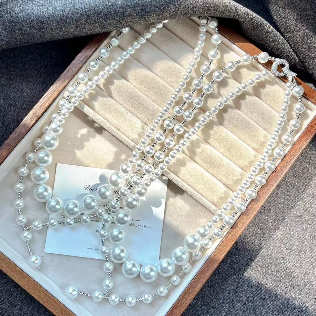 Vintage Design Sense Artificial High-Gloss Crystal Pearl Imitation Australian White Double-Layer Collarbone Chain Necklace