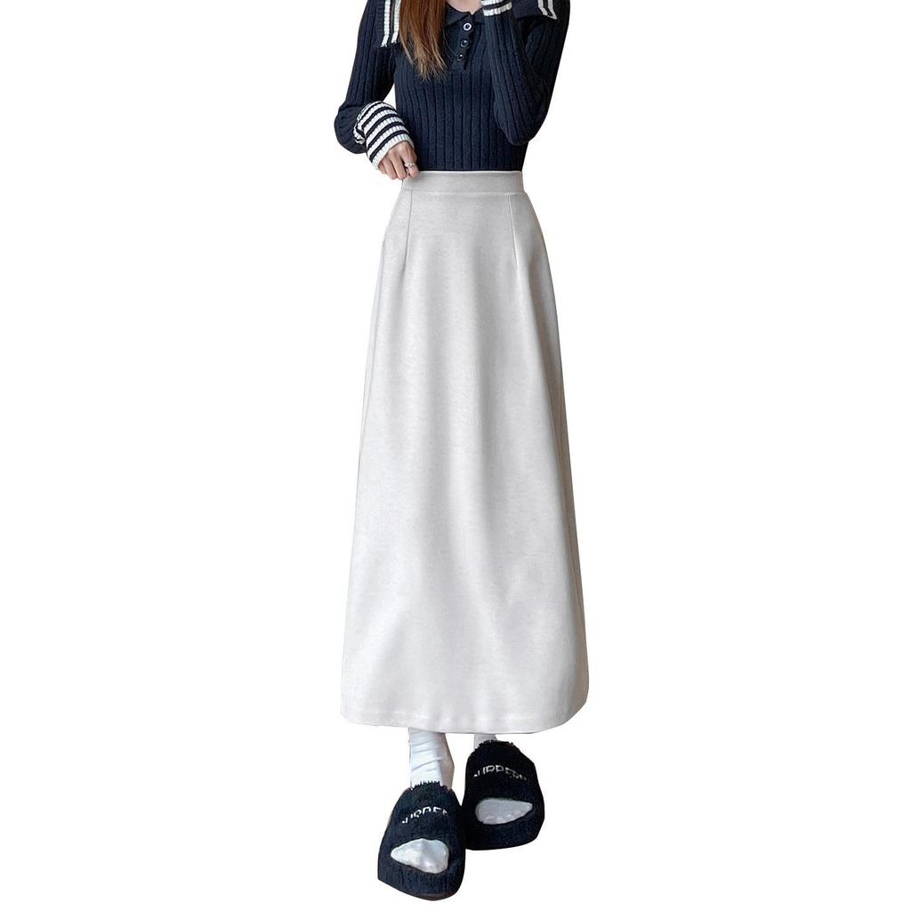 Khaki Wool High-Waist Slimming Midi Skirt for Women - A-Line, Hip-Hugging, Spring/Autumn 2026
