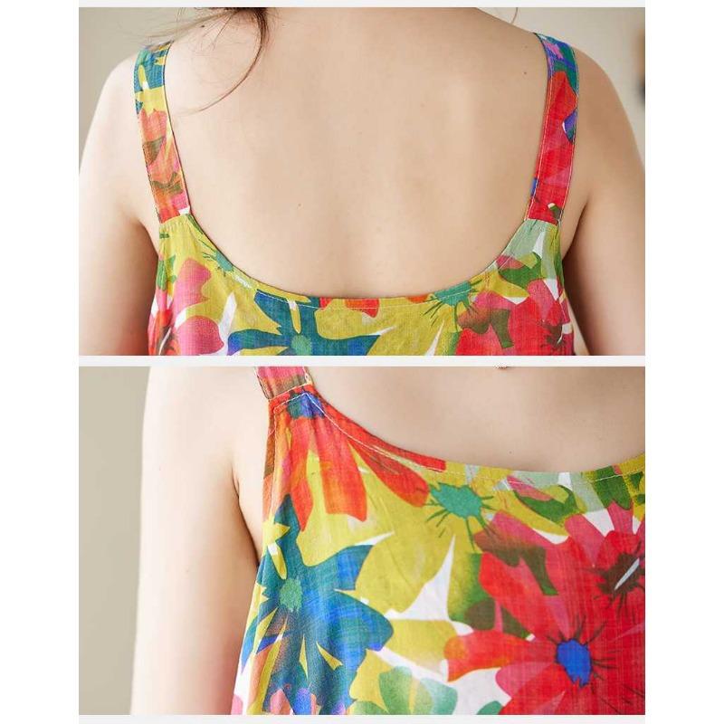 Cotton and Linen Printed Patchwork Long Skirt with Suspender and Large Cake Skirt for Women