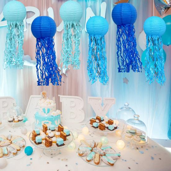 6 Pcs Paper Lanterns Hanging Jelly Fish Paper Lanterns Long Tassels Solid Color Mermaid Theme Party Sea Ocean Animal Birthday