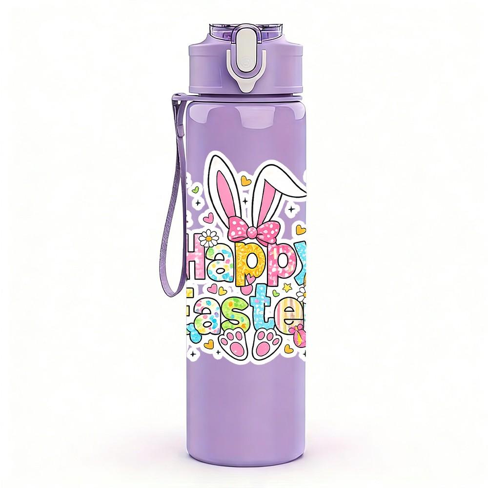1PC Happy Easter Doodle Letter Print 750ml Color Plastic Sports Water Bottle Leakproof Flip Straw Lid Suitable for Sports Office Home Use