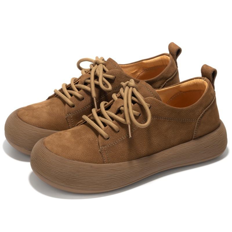 

First layer cowhide women s shoes new thick-soled lace-up soft leather soft-soled casual shoes flat-soled big head ugly cute shoes women 35 хакі