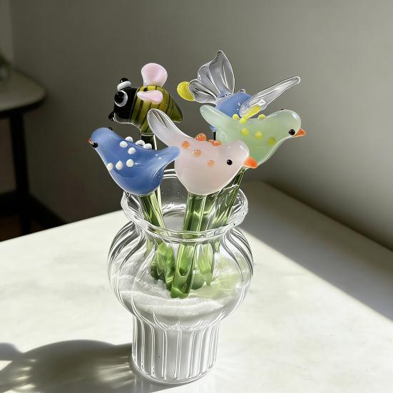 Handmade Mini Glass Animal Figurine Faux Crystal Small Bird Butterfly Bee Ornament with Stem for Home Office Tabletop Decor