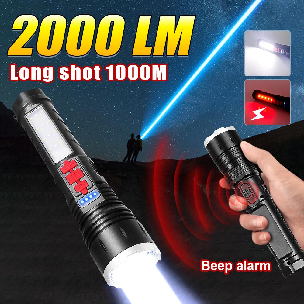 

Светодиодный фонарик высокой мощности 2000LM, 5 режимов, перезаряжаемый мощный фонарик с зумом, ручной фонарь с зуммером, аварийный ручной фонарь