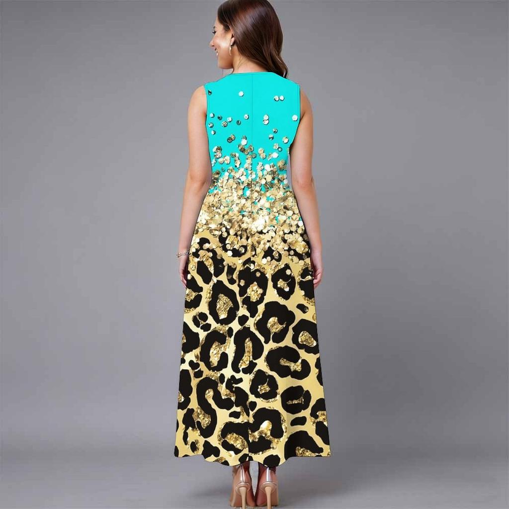 Women Plus Size Sleeveless Crew Neck Dress Bright Ditsy Botanical Flowy Mid Calf Dress
