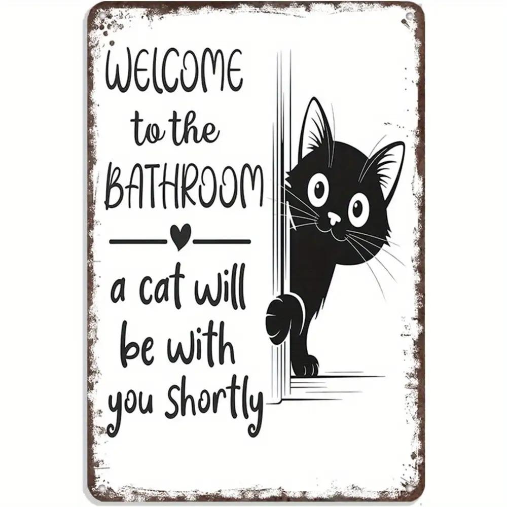 Fun Bathroom Decor Vintage Wooden Sign Welcome to the bathroom a cat is about join you with Black Cat Peeking Out Design 20x30cm(7.8x11.8inch)