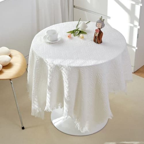 White Knitted Tablecloth, Small Knitted Tablecloth with Tassels, Bedside Tablecloth, Single Sofa Cover, Tablecloth for Small Coffee Table (90*90cm)