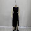 Women Sleeveless Solid Long Dress Round Neck High Waist Ruched Decor Split Hem A Line Midi Dress Elegant Party Dress 100% Polyester With Liner