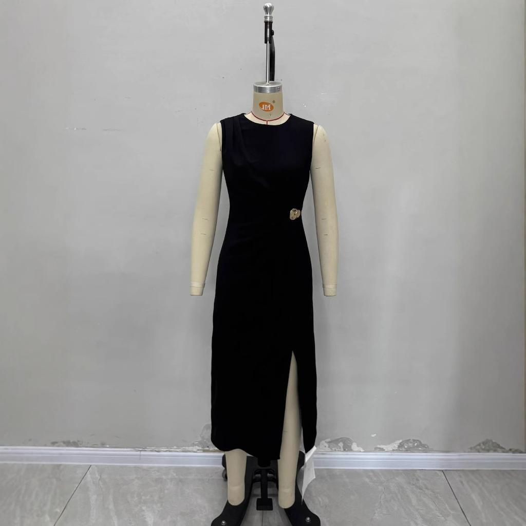 Women Sleeveless Solid Long Dress Round Neck High Waist Ruched Decor Split Hem A Line Midi Dress Elegant Party Dress 100% Polyester With Liner